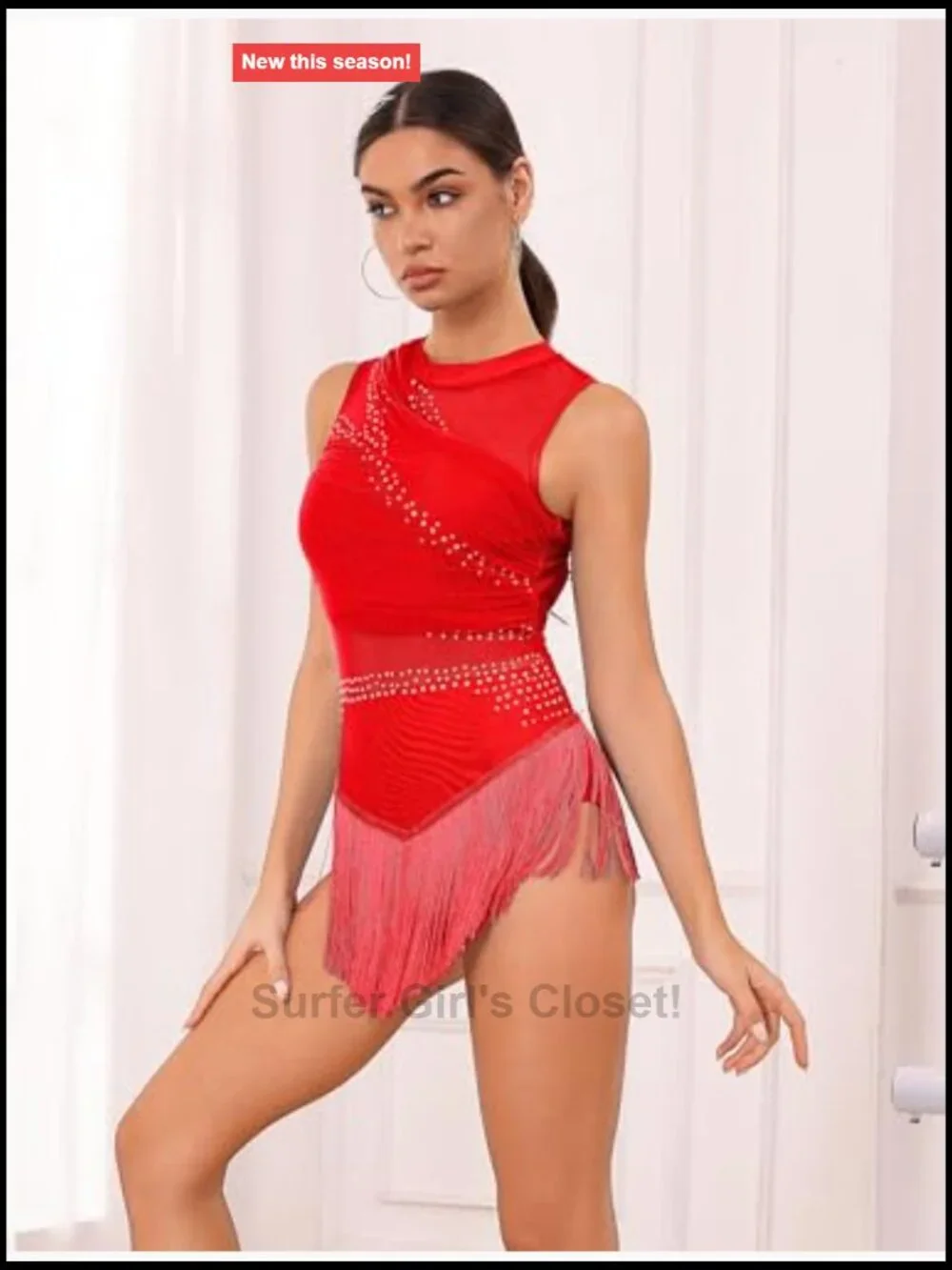 Rhinestone Fringe Latin Dance Bodysuit Halter Leotard